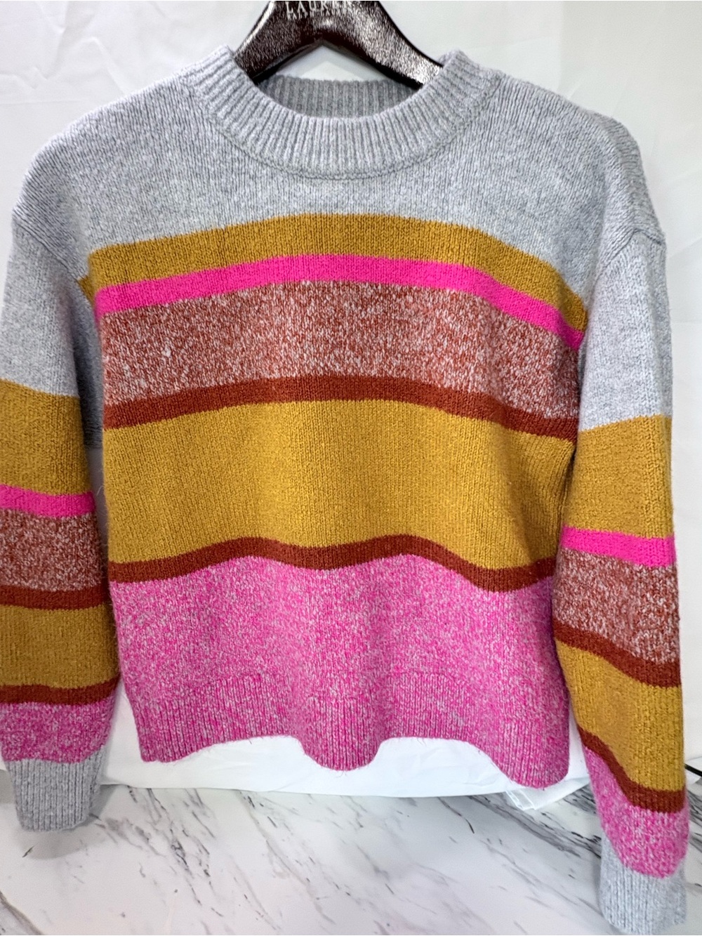 Striped Crewneck Sweater in Gray, Mustard & Pink